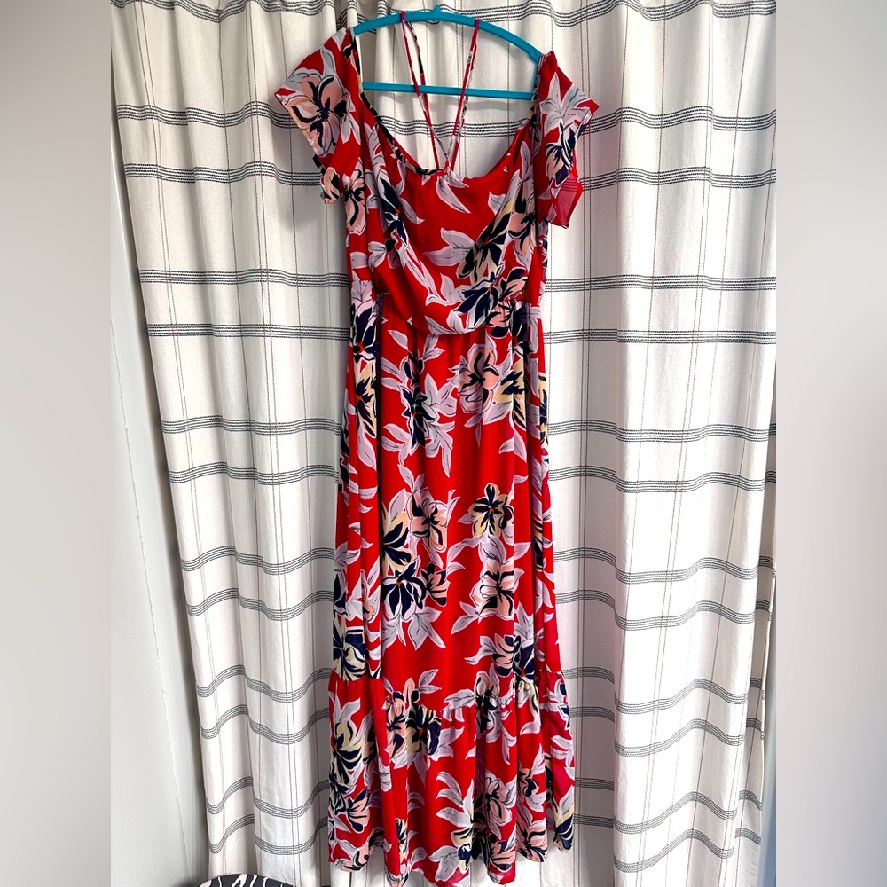 Japna Off the shoulder red floral halter maxi dress, large, like new